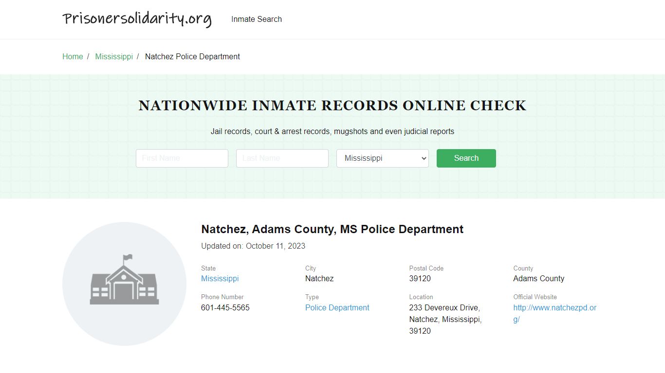 Natchez, MS Police - City Jail Inmates, Arrests